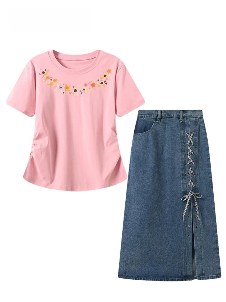 

CaraCLUB plus Size College Style Set Women Summer New plus Size Sister Meat Covering round Neck Top Denim Skirt