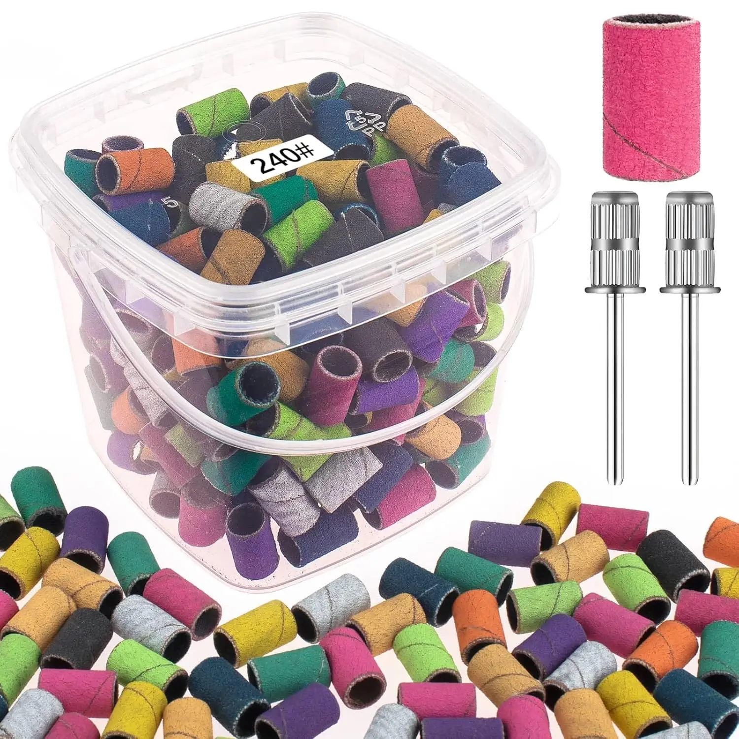 

200pcs Colorful Nail Art Sanding Bands (80/120/180/240 Grits)+2 Nail Drill Bits Holders Complete Manicure Pedicure Tool Set