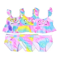 2024 New Girl Swimsuit Ruffles Colorful Unicorn Baby Kids Swimwear Comfortable High Elastic Children Bathing Suit Baby Clothes