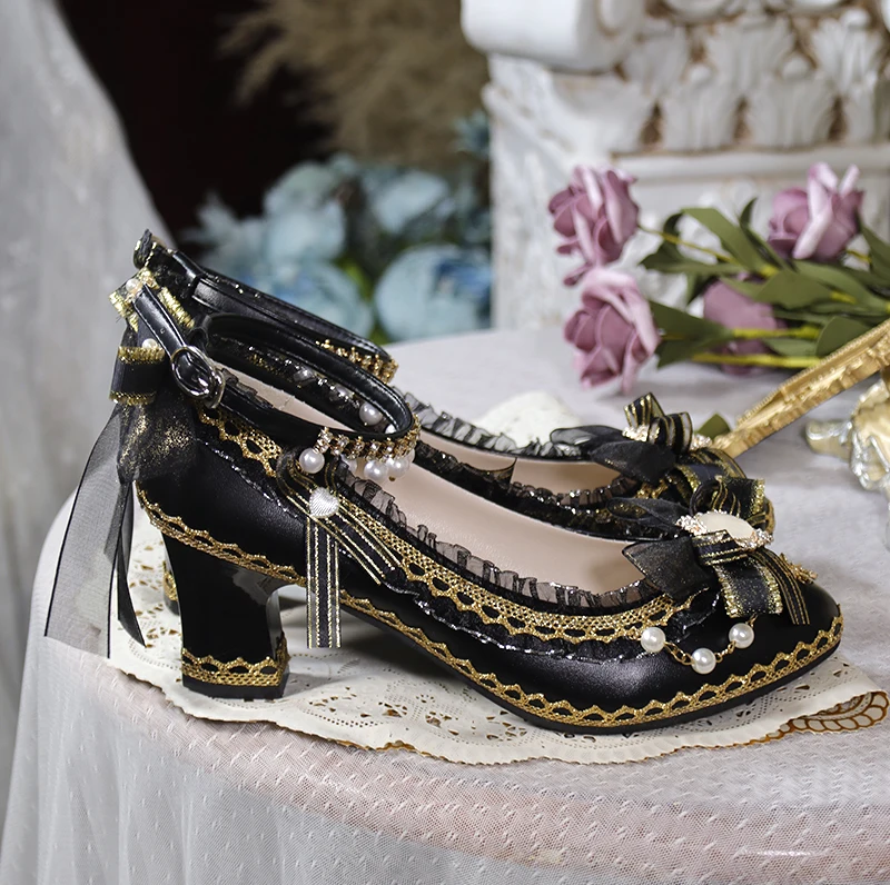 Night Story Cos Lolita Shoes Round Toe Thick Heels Lolita Japanese Lace Versatile Shoes Handmade Flower Wedding Shoes