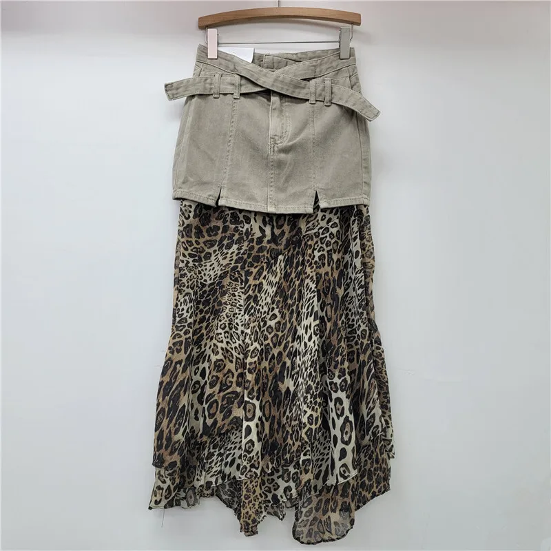 WTHT Trendy Women's Patchwork Leopard Mesh Denim Skirts 2024 Winter Fashion Cross Belt Design Long Skirt Female 1LS478