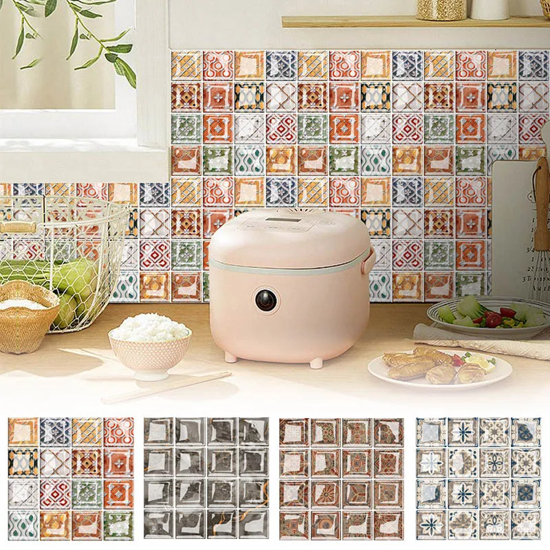 10X10cm 3D Mosaic Glass Tiles Waterproof Bathroom Kitchen Floor Back Splash Self-Adhesive Self-Glazed Glass Wall Stickers 10Pcs