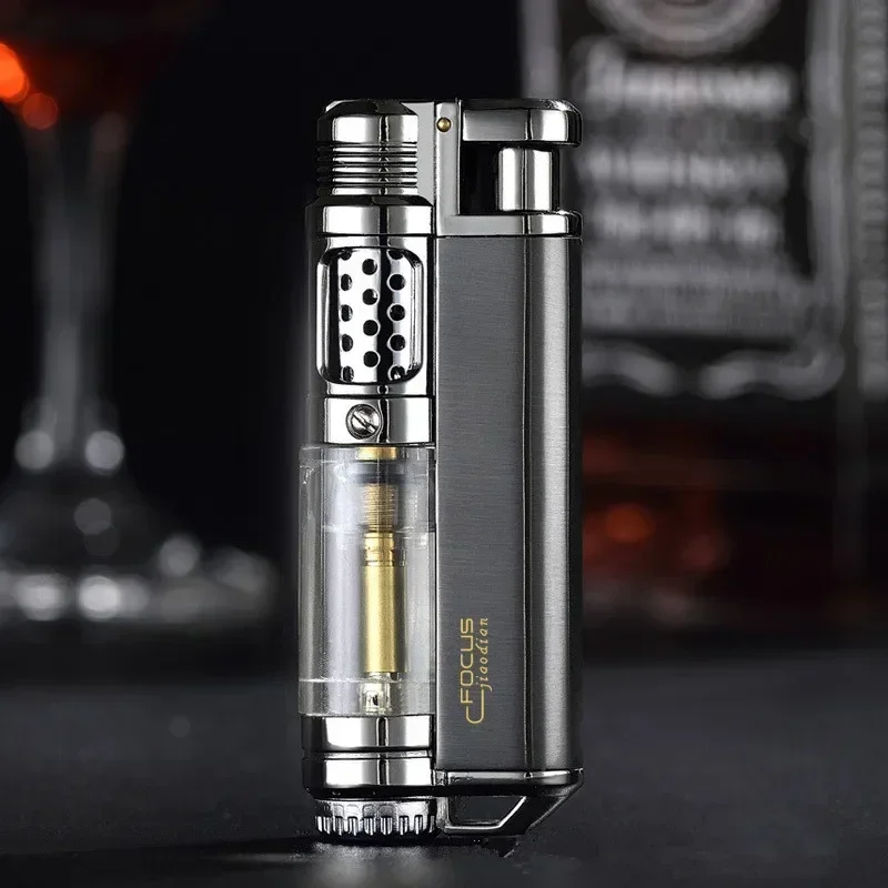 Portable Metal Jet Butane Lighter, Turbo Windproof Design, Clear VisibleGas Window,Integrated Flashlight & Air Brush,1300°C High