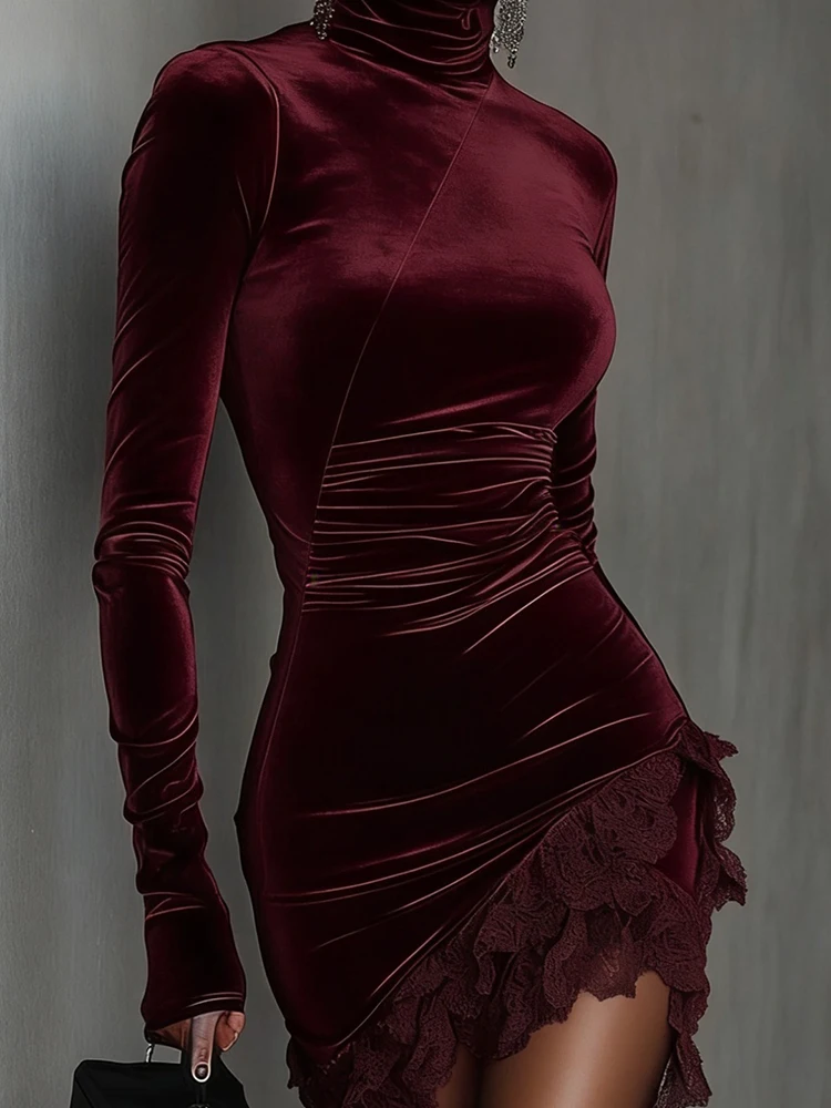 Robe de soirée en dentelle Patchwork pour femmes, col roulé en velours, manches longues, décontractée, plissée, Slim Fit, Mini, à la mode, 2026