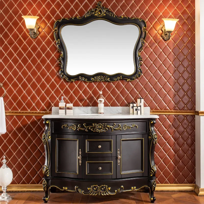 

European bathroom cabinet toilet washstand oak black tracing gold and silver washbasin combination solid wood simple