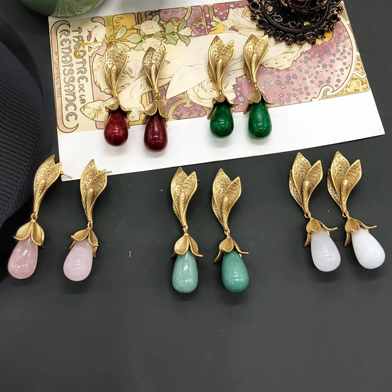 

New Jewelry & Accessories Retro Style Colored Semi Precious Gemstone Jade Orchid Shaped Earring For Women's Parties & Gifts