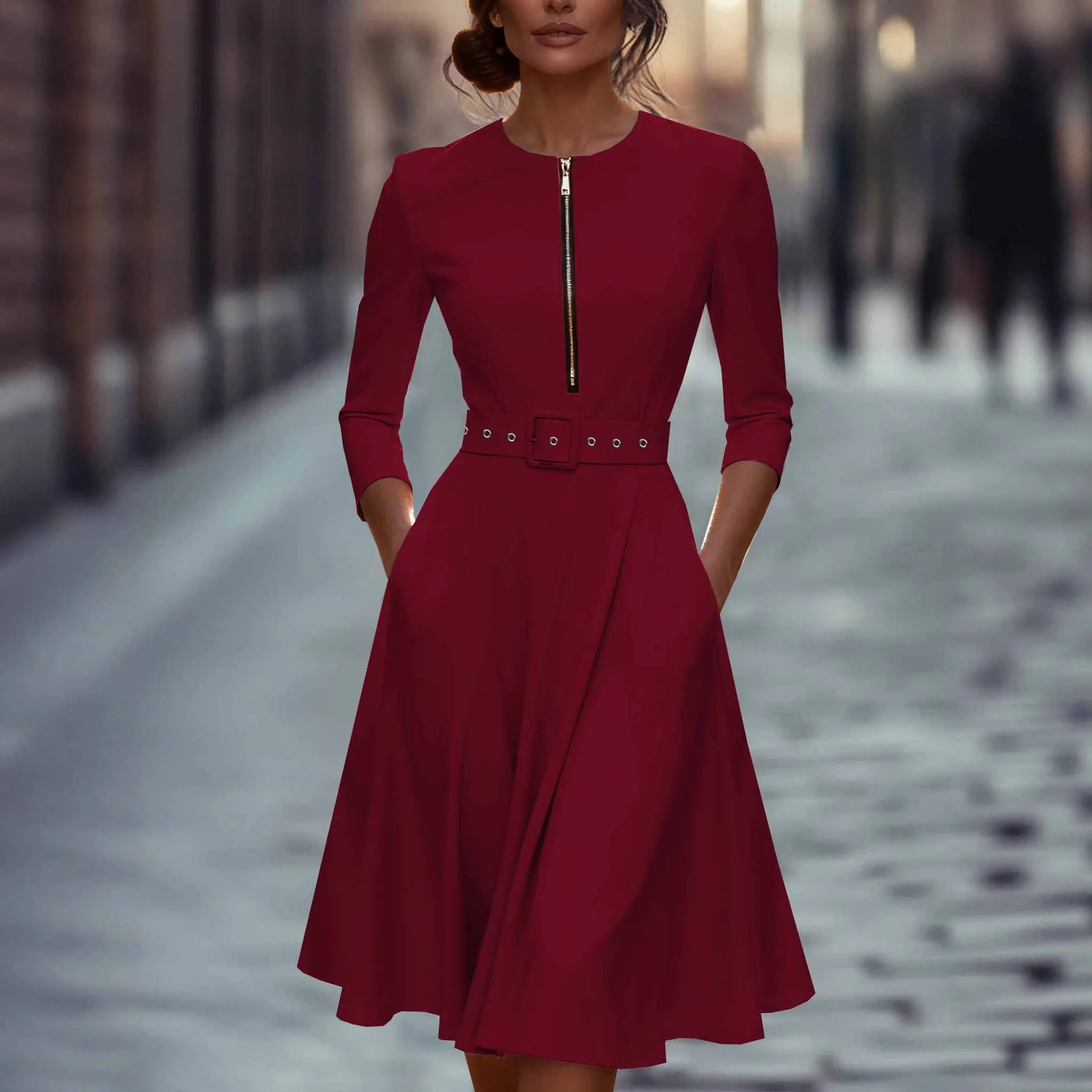 2025 Spring and Autumn 7-quarter Sleeve Zipper Pocket Dress with Belt