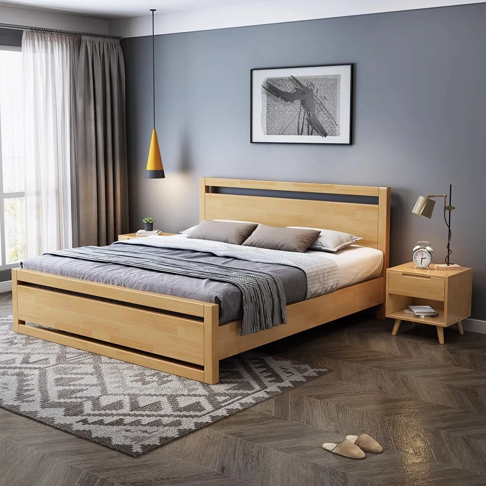 Scandinavisch volledig massief houten bed, modern eenvoudig houtblok 1,8 meter 1,5 dubbel zacht, door pneumatische hoge opbergkast