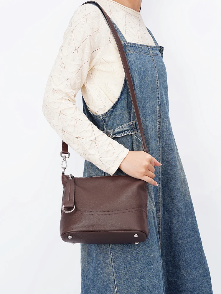 Zency Coffee New Women's Soft Cowhide Leather Shoulder Bag Crossbody Bags Natural Leather Hobo Bag Black Large Capacity Handbag