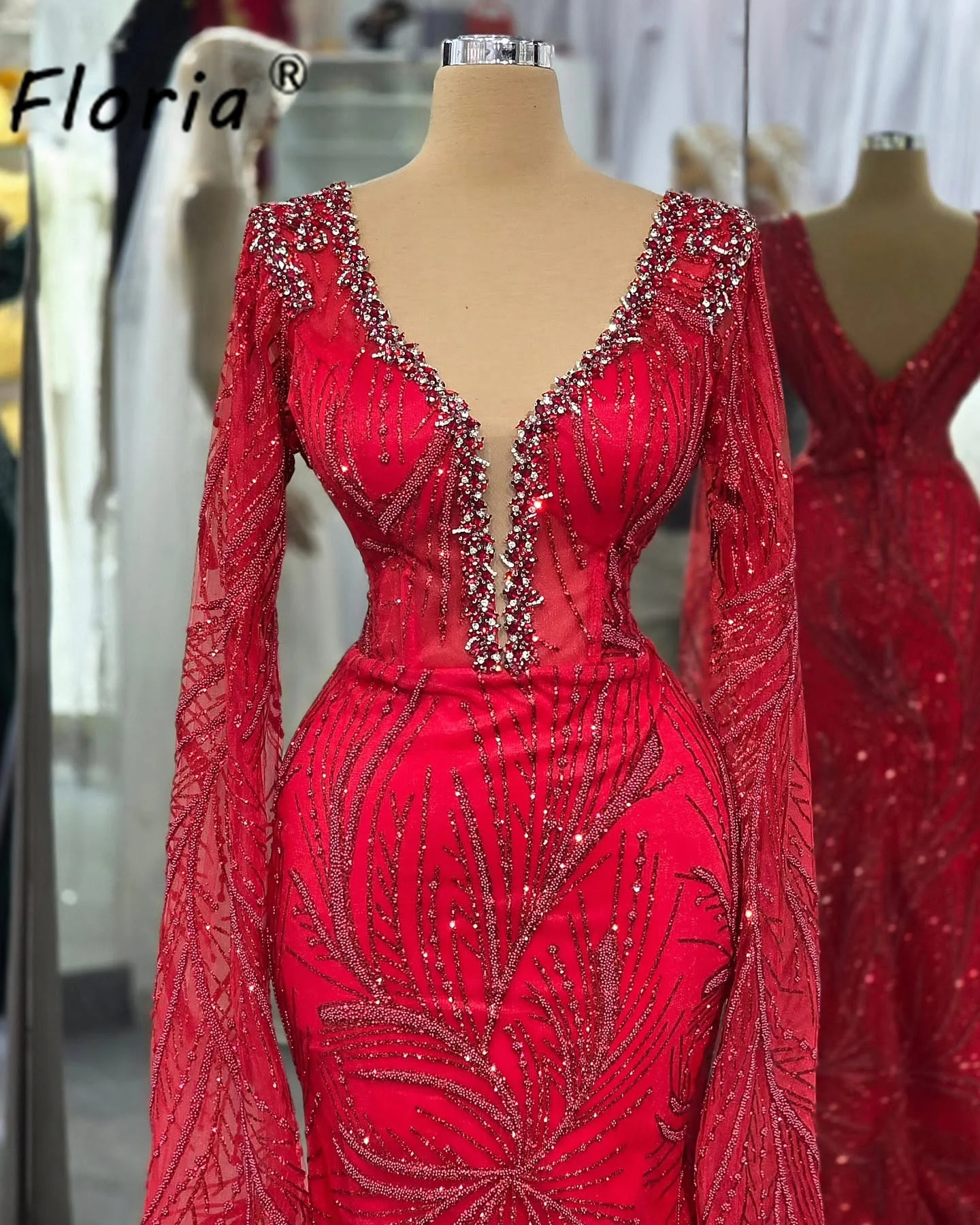 Customized Modest Red Prom Dress With Long Shawl Crystal Mermaid Wedding Party Gowns Woman Evening Wear Vestidos De Gala 2026