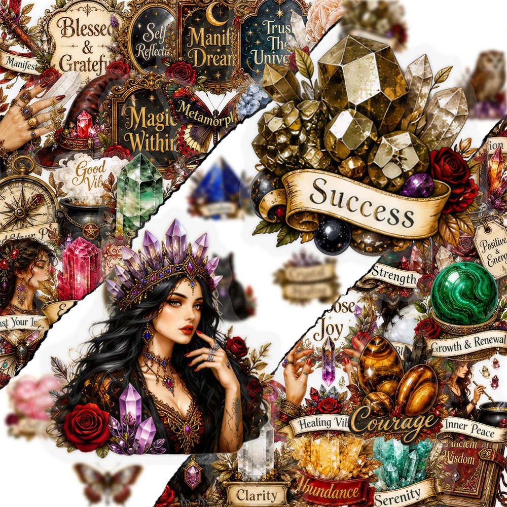 10/30/50pcs Cartoon Vintage Magic Crystal Witch Sticker Art Aesthetic Graffiti Sticker Suitcase Laptop Phone Transparent Decals