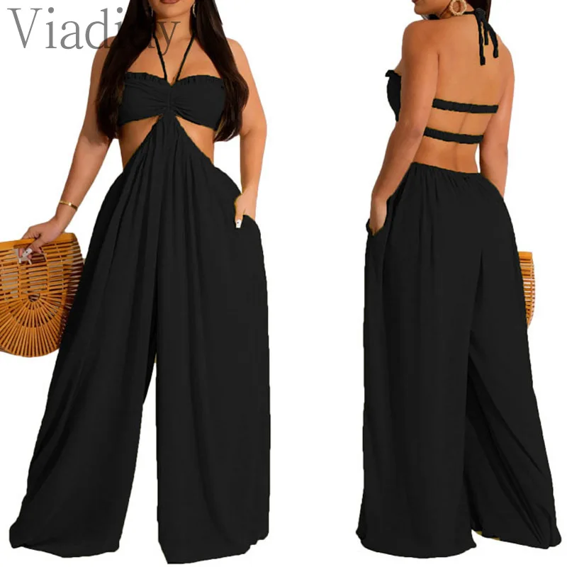 Women Solid Color Loose Halter Backless Wide Leg Jumpsuit