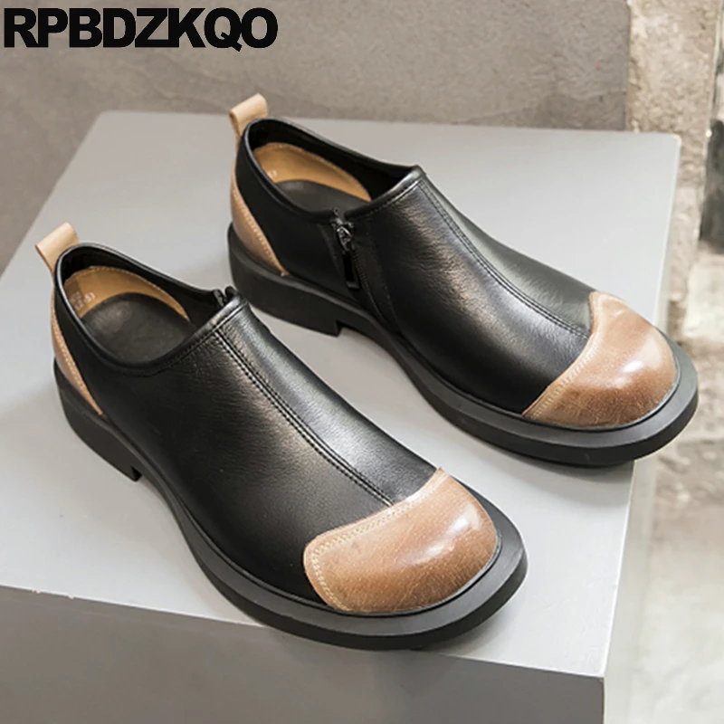 

Comfort Multi Colored Chic Soft Sole Unique Men Round Toe Dress Strange Flats Side Zip Shoes Cow Skin Patchwork Genuine Leather