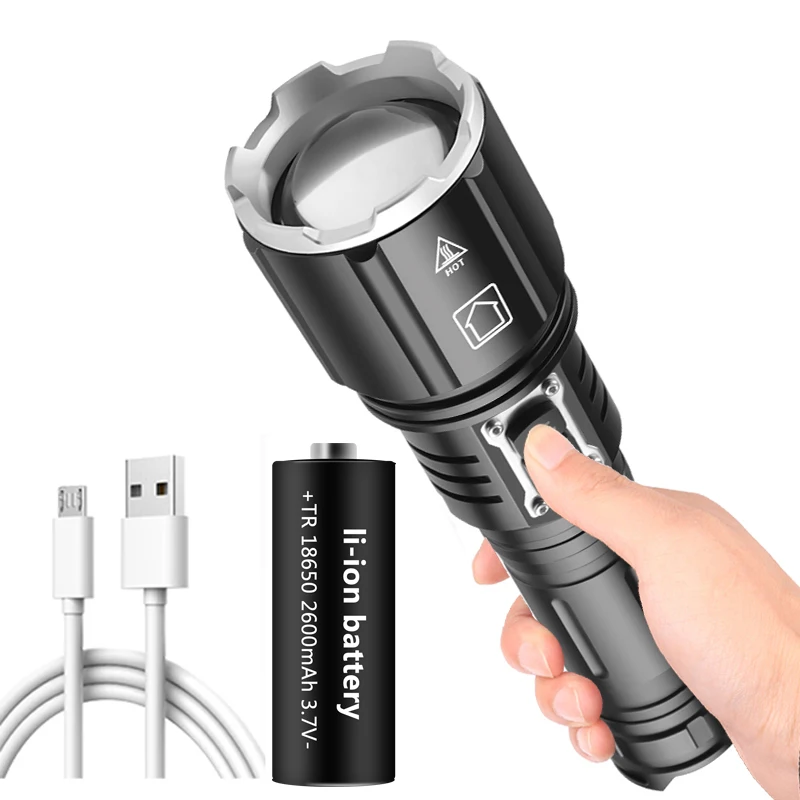 LED Flashlight XHP160 1000,000LM Double Switch High-brightness Light Aluminum USB Charging Zoomable 18650 Battery Torch Lantern