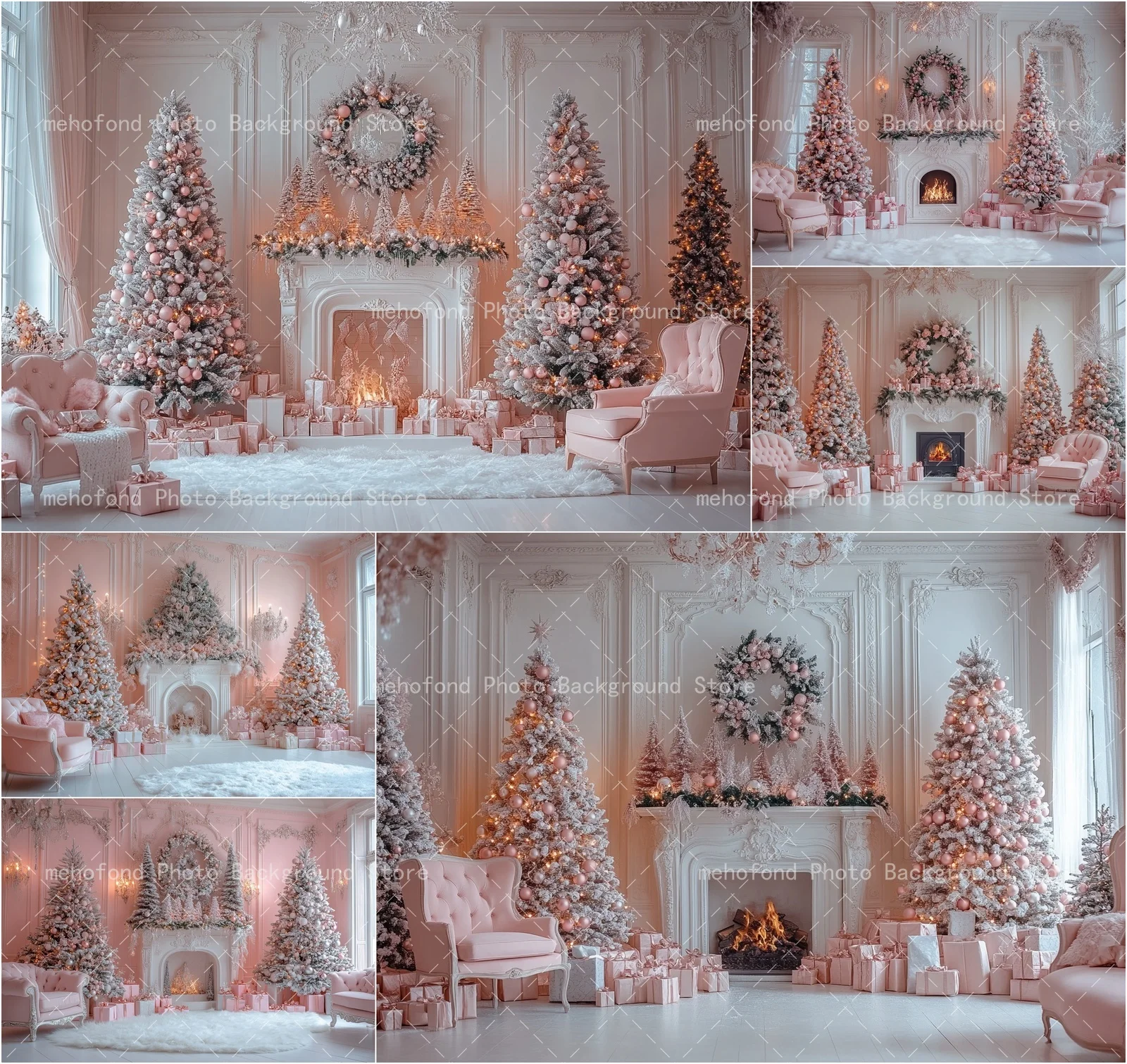 Mehofond Photography Background Christmas pink ball decoration fireplace chair grass ring Kids Family Portrait Backdrop Decor