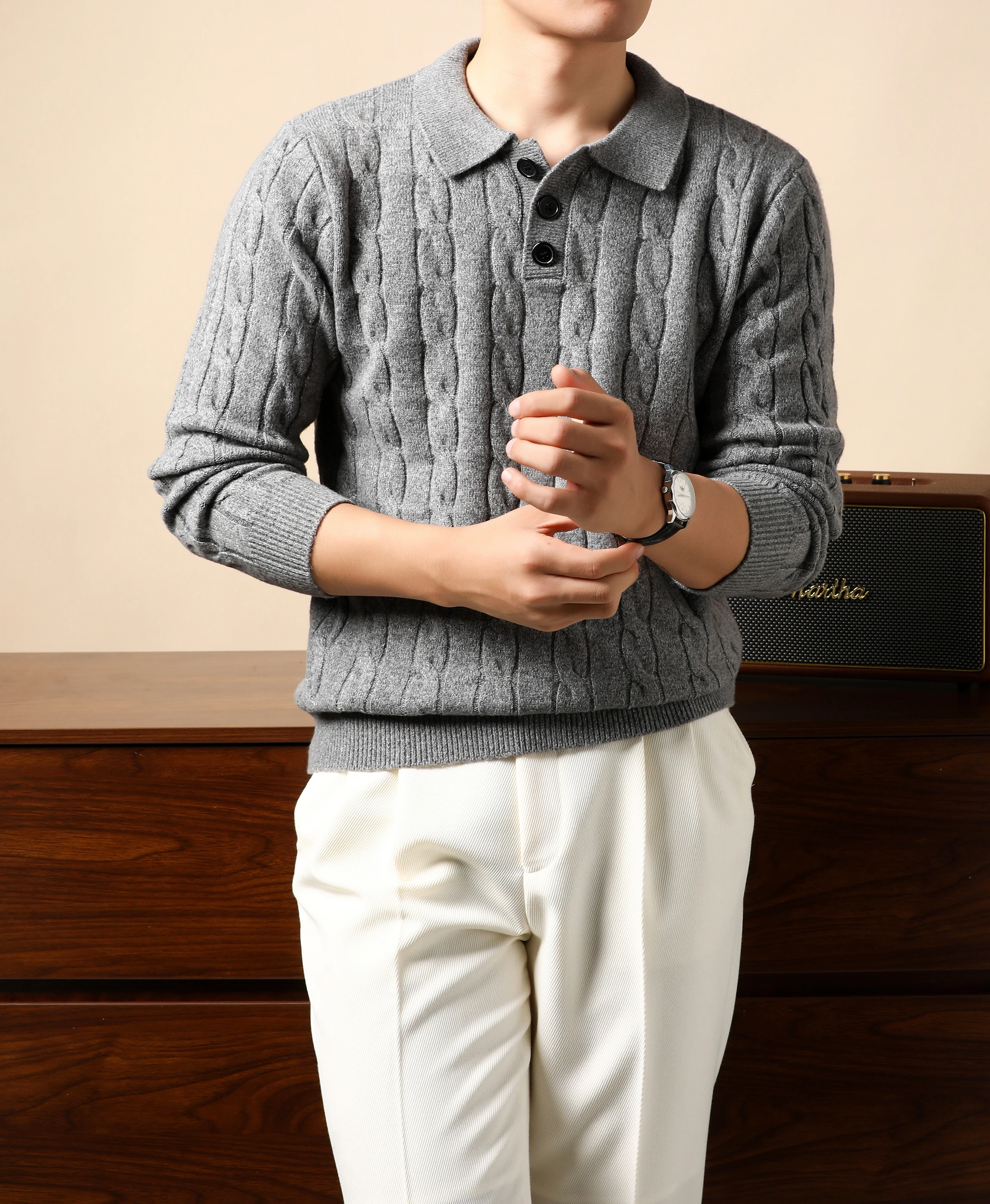 Autumn Winter New Sweater Fashion Design Button Lapel Men's Classic High-Quality Brand Solid Color Simple Casual Knit Pullover