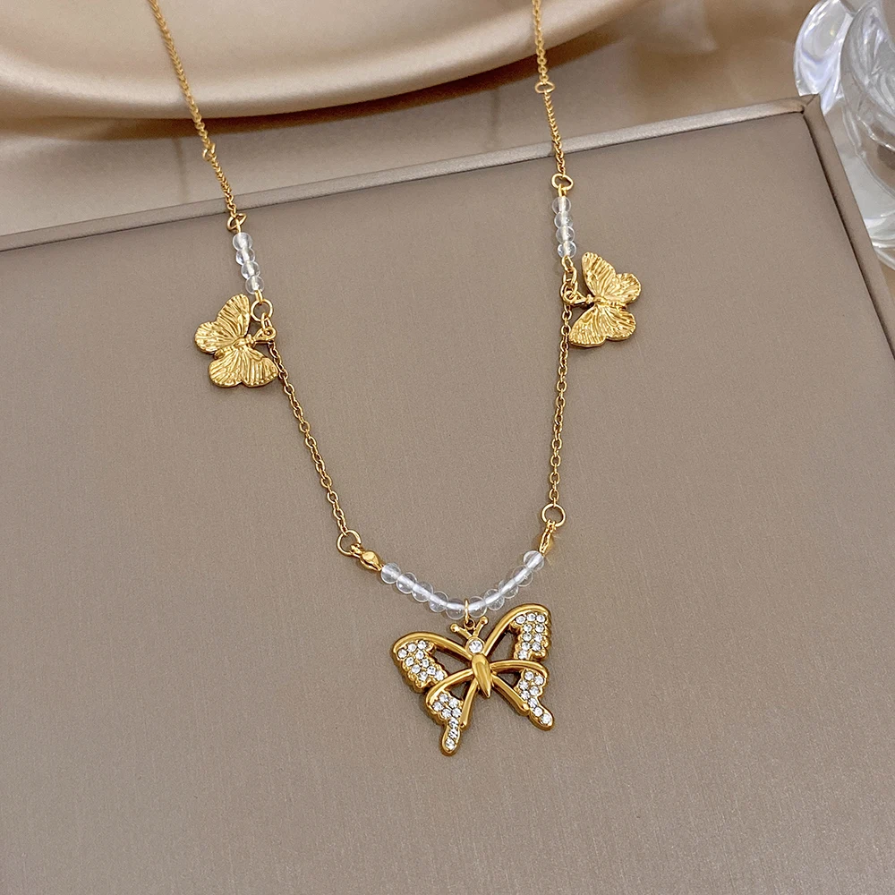 1pc AENSOA Woman Stainless Steel Necklace Dainty Gold Color Butterfly Necklaces Zircon Pendant Wedding Celebration Gift Jewelry