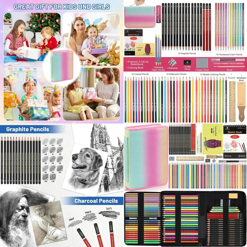 

78pcs Ding Kit Sketching Set Art Supplies with 3-Color Sketchbook Colorul Portable Case Colored Graphite Charcoal Watercolor Met