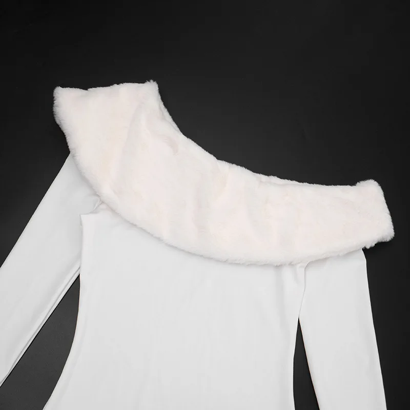 Vrouwen elegante harige kraag patchwork witte bodycon maxi feestjurk kerst sexy off-shoulder volledige mouw split lang gewaad