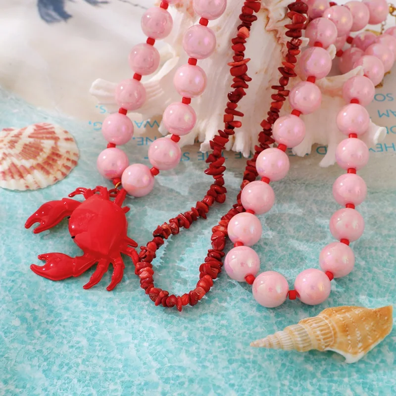 Colorful Pink Bead Red Crab Red Coral Pendant Necklace