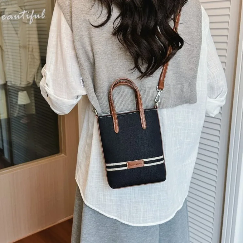 

Canvas Mini Tote Bag with Leather Trim & Stripe, Multi-Color for Daily Use, Shopping, Dating, Commuting and Short Trips