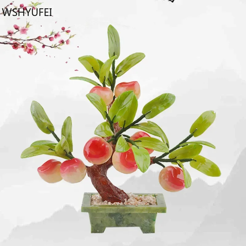 Exquisite Jade Stone Peach Tree Bonsai Decoration Living Room TV Cabinet Lucky Ornaments Crafts Home Accessories Opening Gifts