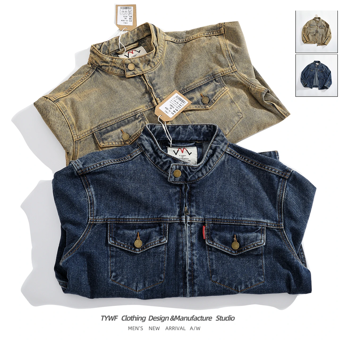 Retro Mud Dye Motorcycle Style Men's Denim Jacket Casual Zipper Collar Workwear Jacket Long Sleeve Cotton Polyester Blend
