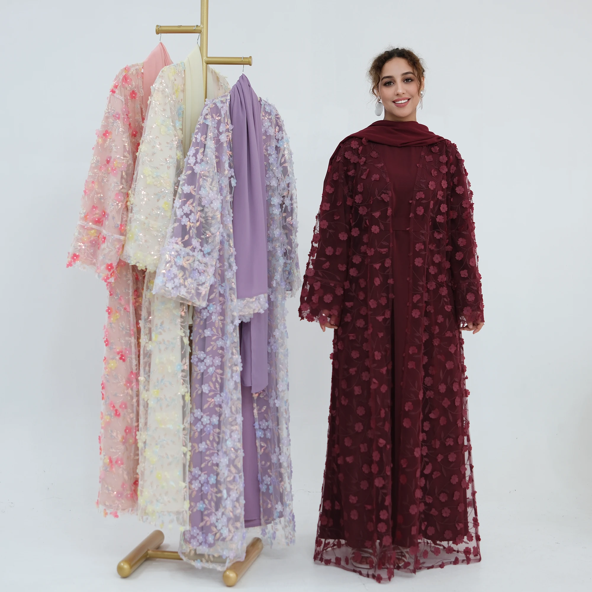 Ramadan Eid Evening Party Events Gala Hijabi Outfit Sweet Muslimah Abaya Dress Set with Scarf: Sleek Pain Dress, 3D Flower Abaya