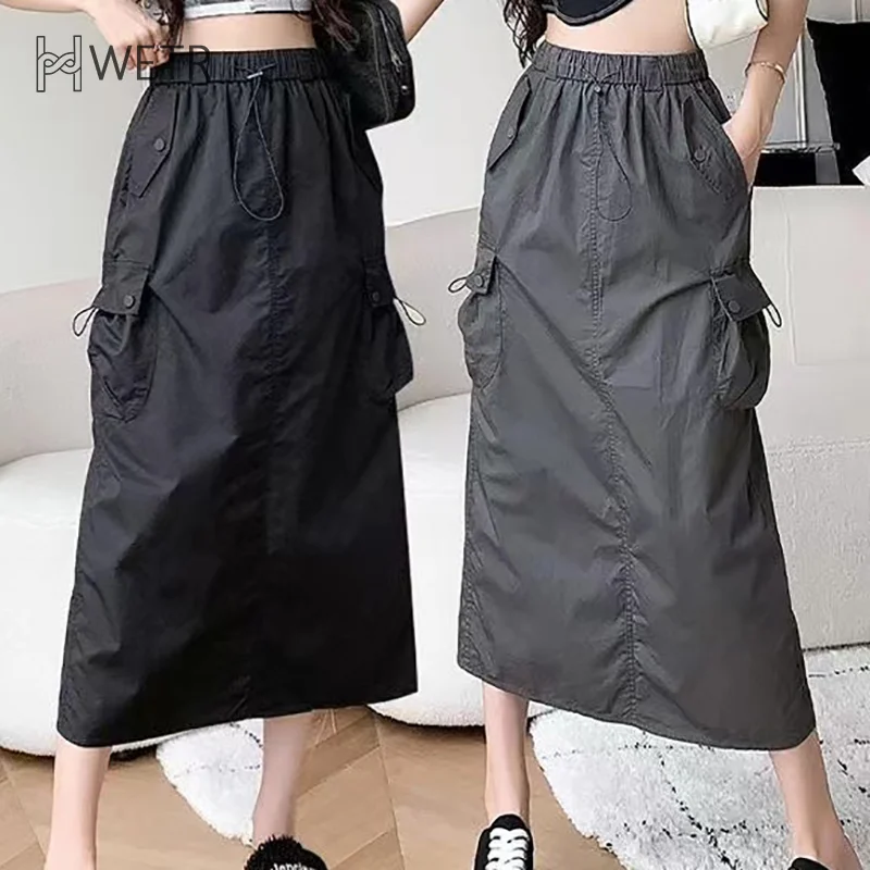 

Fashion Retro Big Pocket Drawstring High Waist Loose Skirt For Women