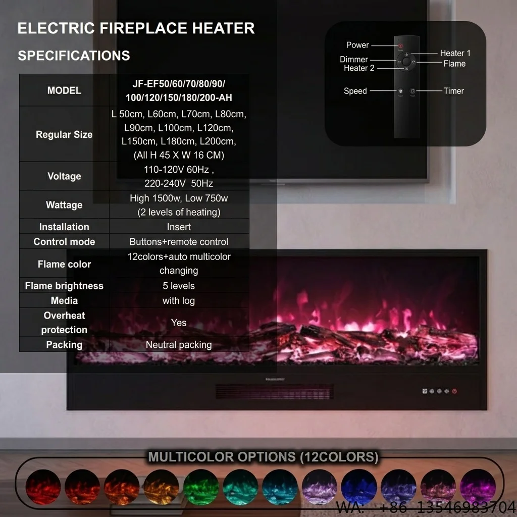 20 Inch Built-in Recessed Electric Fireplace Insert 1500W Heater Overheat Protection LED Flame App Control for Living Room Hotel