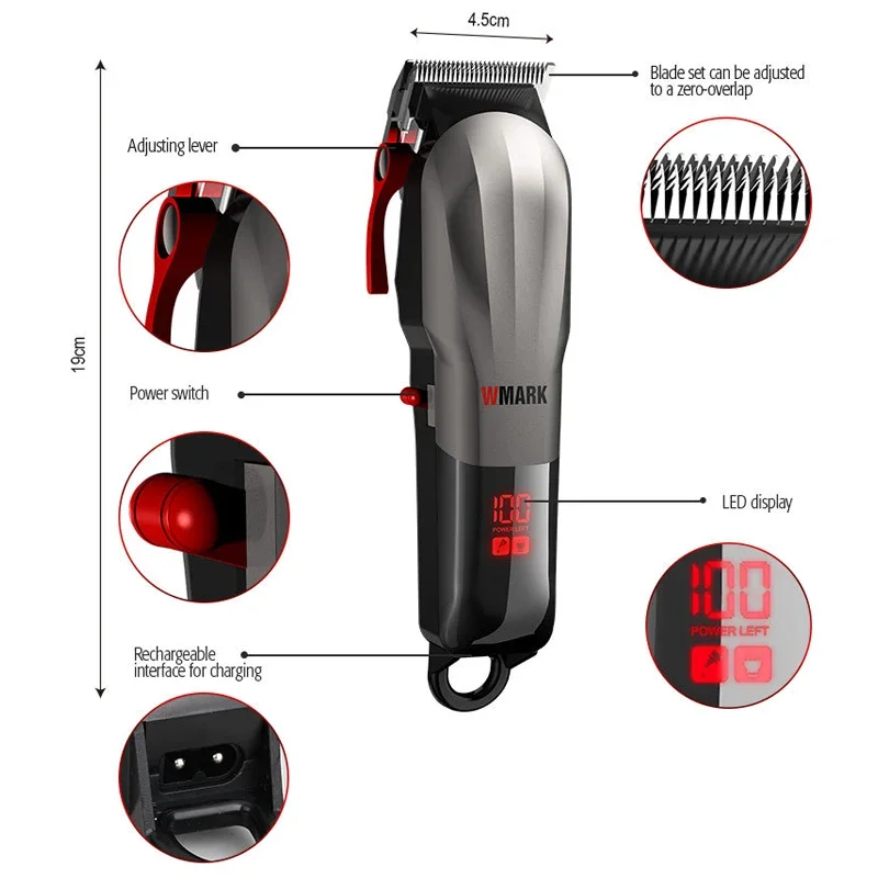 WMARK Profissional Rechargeable Hair Clipper Cord & Cordless Hair Trimmer with LED Battery Display Hair Cutter Electric Shaver