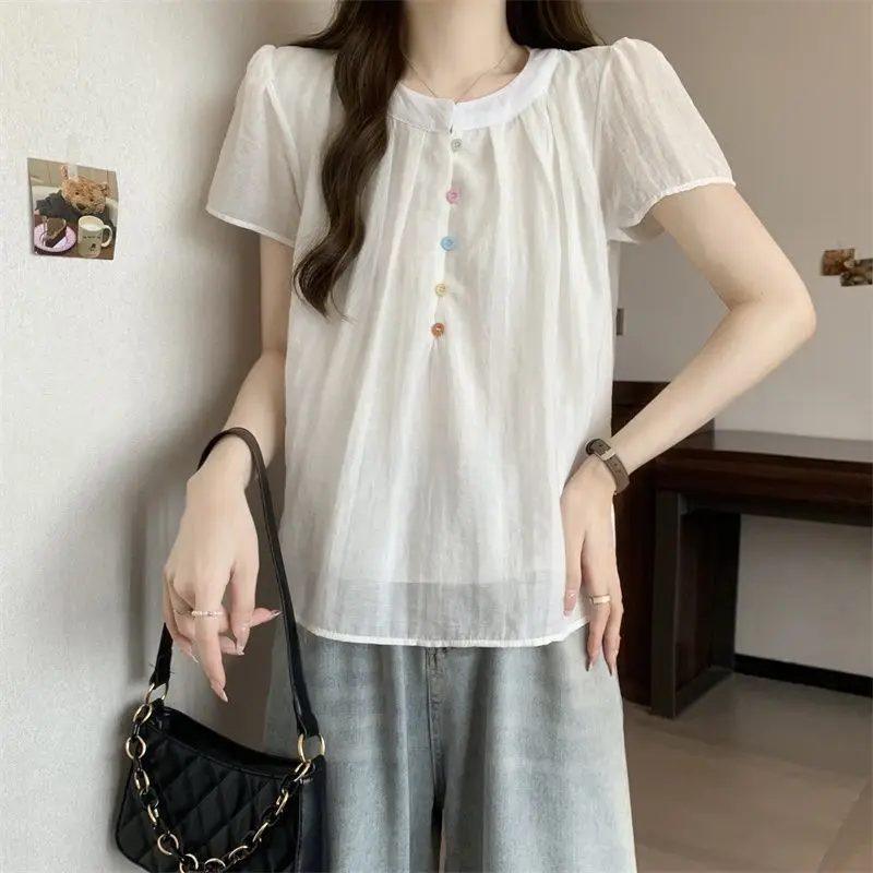 Women Summer Casual Loose Fashion Pleated Solid Color O-neck Short Sleeve Shirts Women Clothes Trend All-match Appear Thin Tops