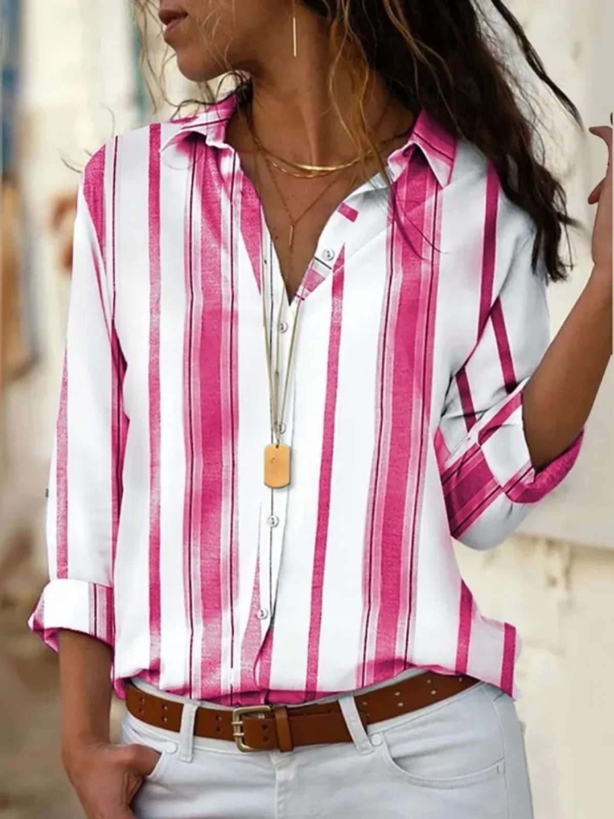 루즈핏 스트라이프 라펠 여성 셔츠 스트리트 스타일 긴팔 단색 버튼업 캐주얼 패션 가을 컬렉션