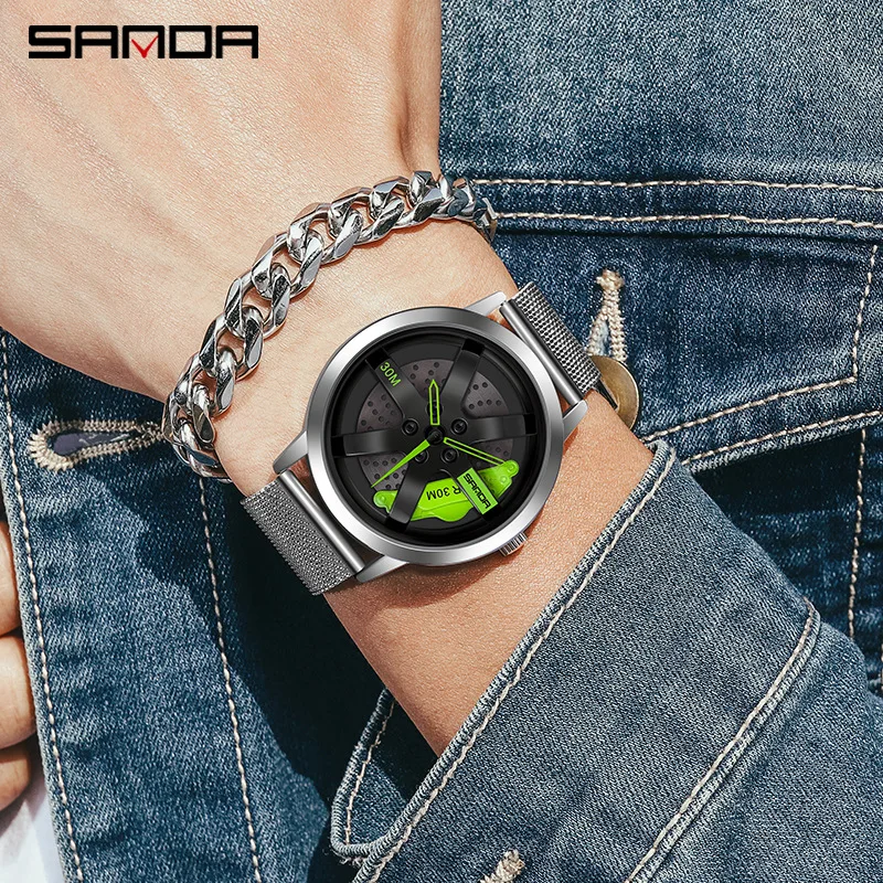 Fashion Sanda 1075 Brand For Men Hollow Out Rotating Car Wheel Dial Design Quartz Movement Hot Sale Analog Trendy Wrist Watches