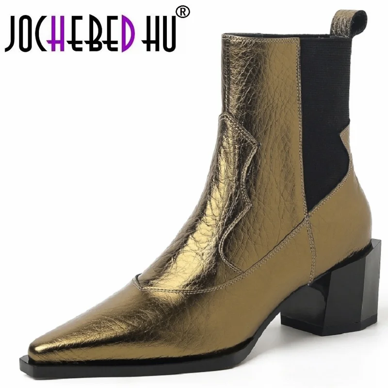 

【JOCHEBED HU】Brand Genuine Leather Pointed Toe High Heel Chelsea Boots Women's Winter British Style Coarse Heels Slip-On 33-40