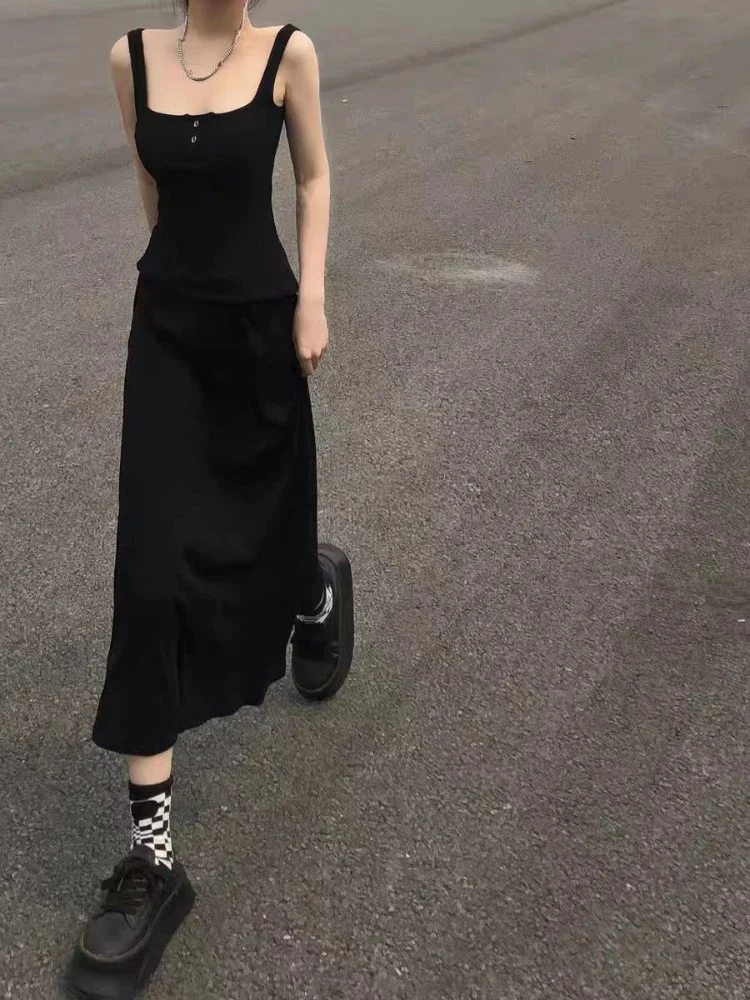 Vestidos largos negros para mujer, vestido veraniego sencillo a la moda, elegante, con cuello cuadrado, estilo francés, Sexy, sin espalda, informal, básico, nuevo