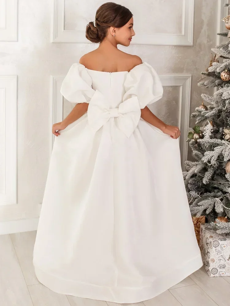 Cinturón de diamantes de satén blanco con lazo, mangas cortas para boda, desfile, fiesta, vestidos de princesa, vestidos de niña de flores, vestido de princesa