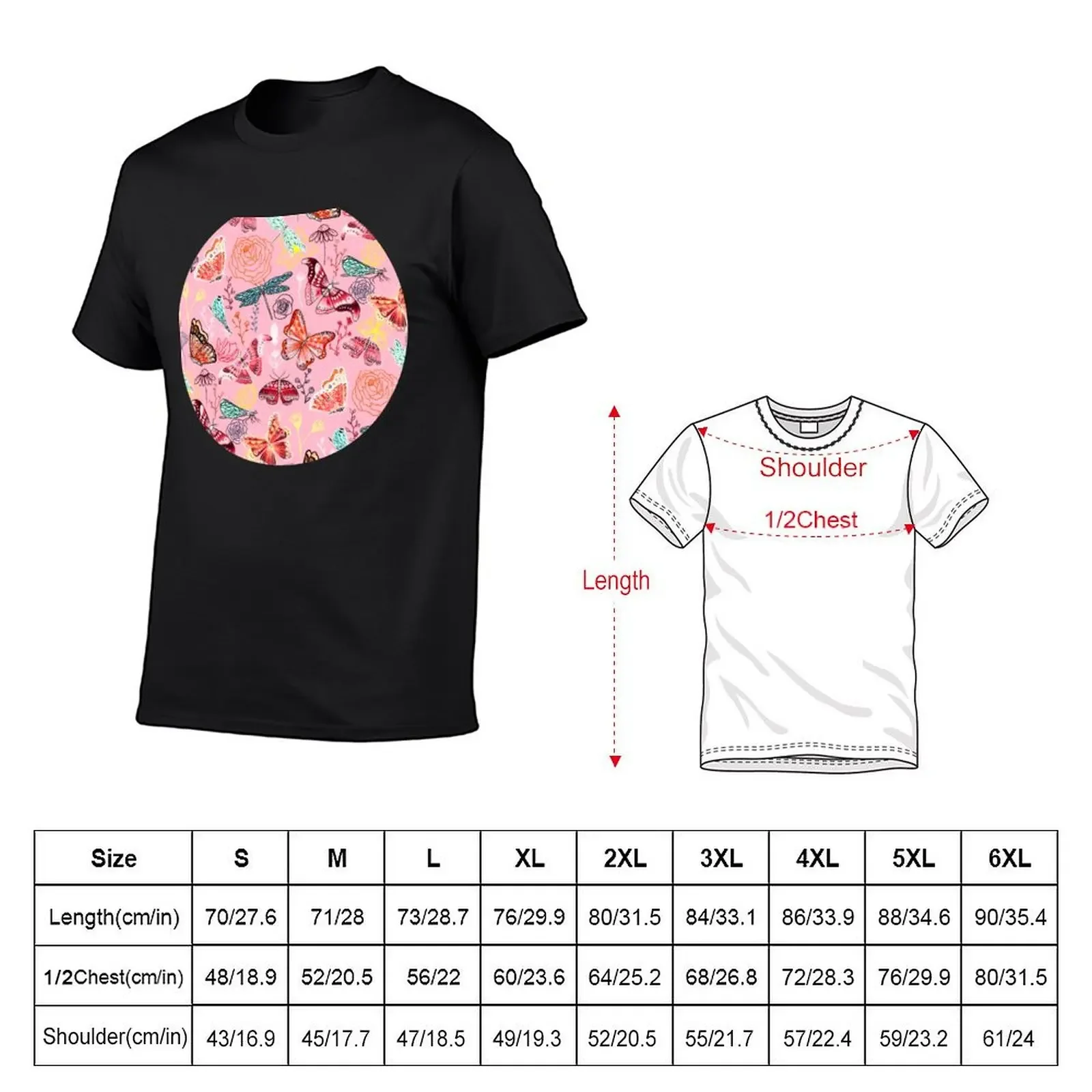 Dragonflies, Butterflies, Moths and Floral Design on Millennial Pink T-Shirt street wear custom t shirt mens tall t shirts