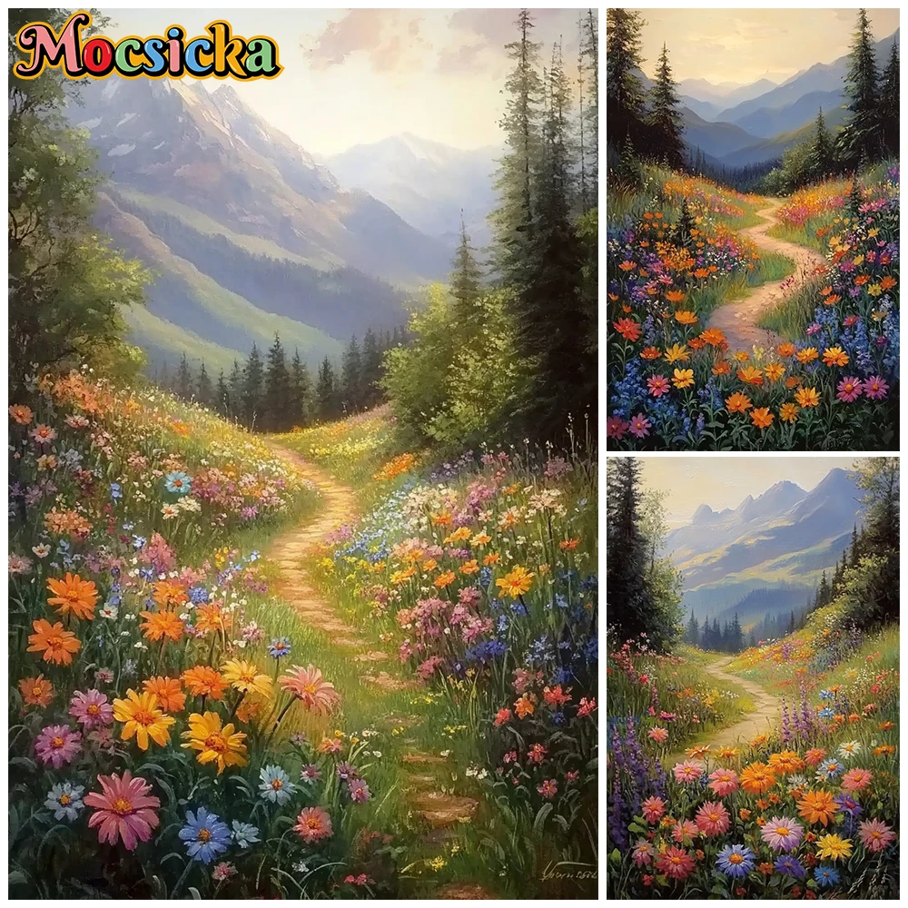 Mocsicka Vintage Oil Painting Wildflower Mountain Path Tapestry Scenery Wall Bedroom Home Decors Photography Background Cloth