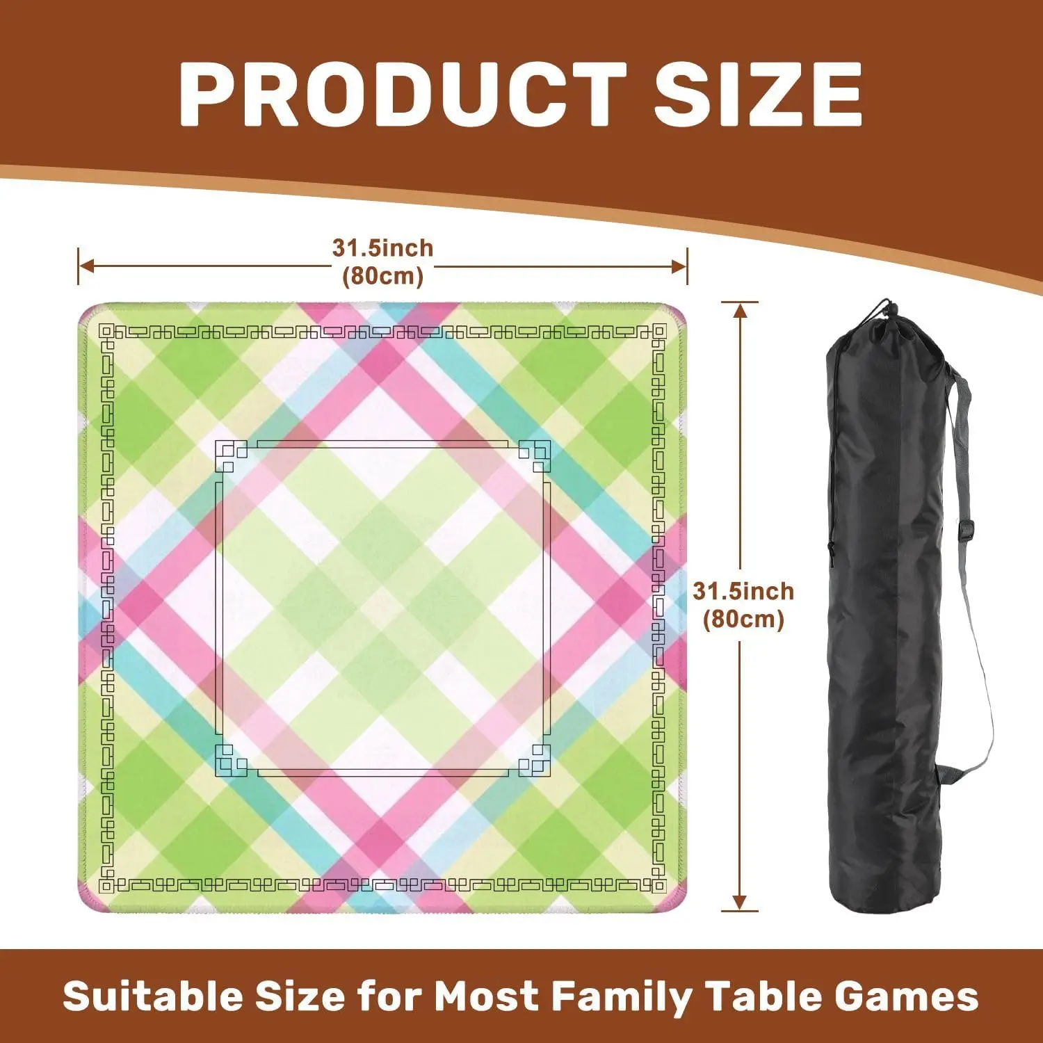 80cm NonSlip Noise Reducing Pastel Plaid Mahjong Mat Carrying Bag Diagonal Green Pink Blue For American Mahjong Poker Domino