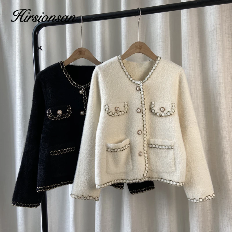 Hirsionsan Elegant Vintage V-neck Slim Women Sweater 2023 Winter New Office Lady Knitted Female Cardigan Warm Ladies Jumpers