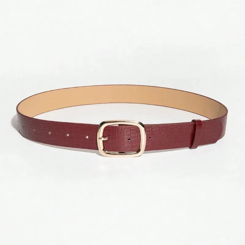 Women Wine‑Red Faux Leather Belt Light Luxury Retro Square Metal Pin Buckle Waist Belt Versatile Jeans Dress Accessory
