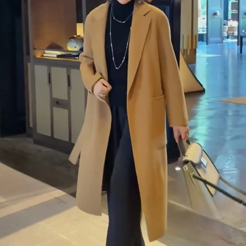 

Длинное шерстяное пальто Ele, женское осенне-зимнее двустороннее пальто-камерер длиной до колена, универсальное офисное пальто с поясом