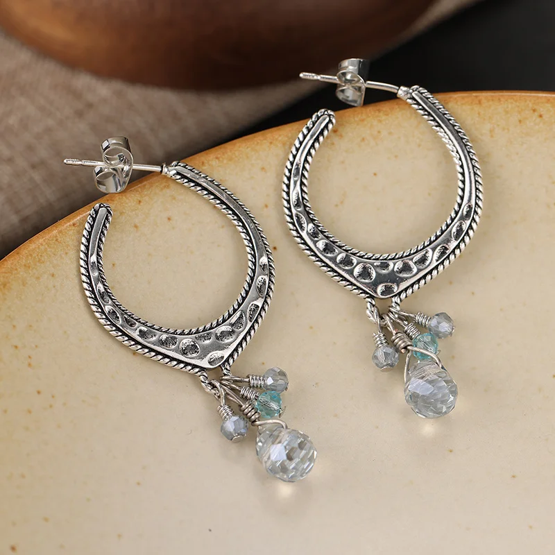Women's Vintage Semi Circular Dangle Earrings Twisted Edging Inlay Light Blue Spherical Tassels Earrings Bohemian Style Jewelry