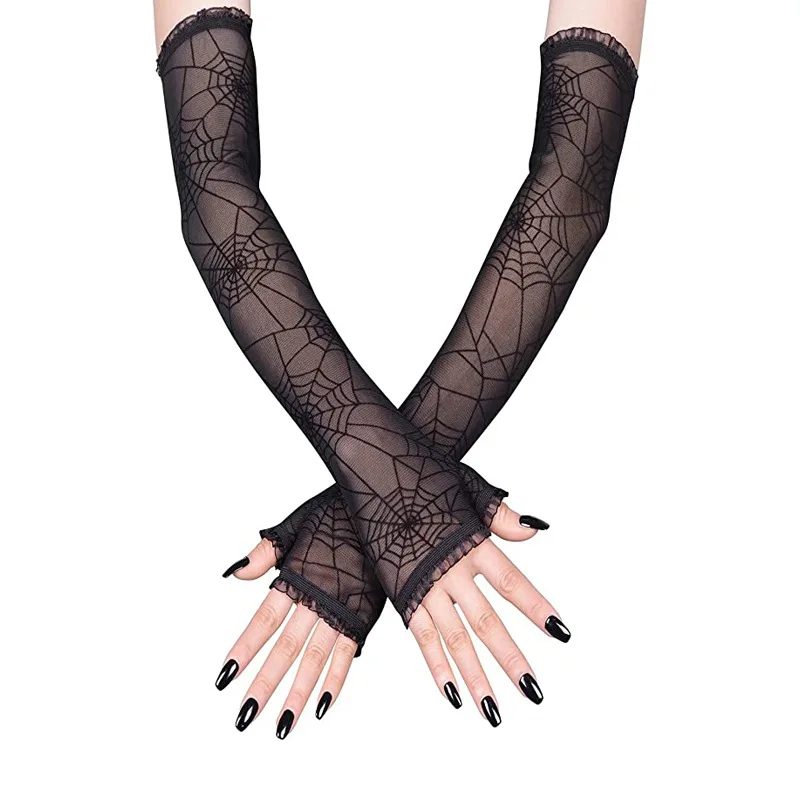 

Halloween Decoration Spider Web Cosplay Party Performance Gloves Mesh Breathable Half Finger Black Personality Nightclub Gloves