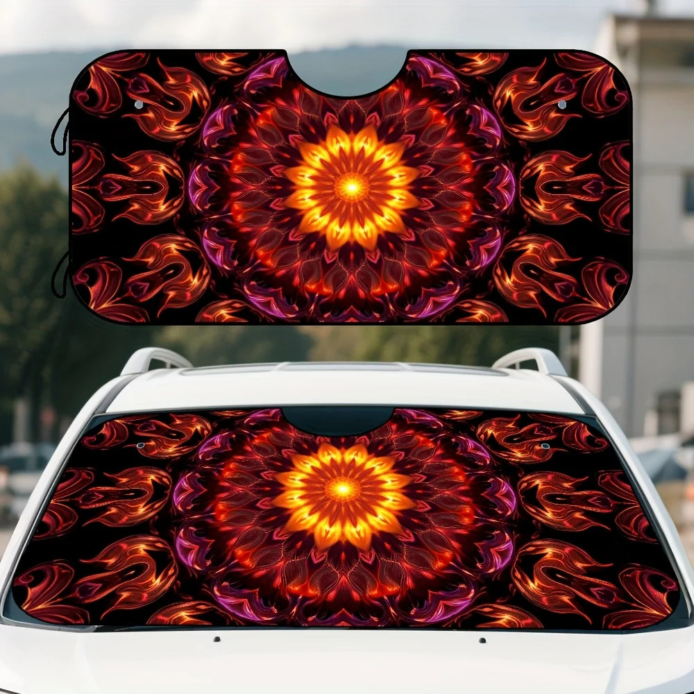 

1pc Foldable Car Sun Visor With Vibrant Orange Mandala Kaleidoscope Art Print - Heat-Resistant, UV Protection, Fit For All Vehic