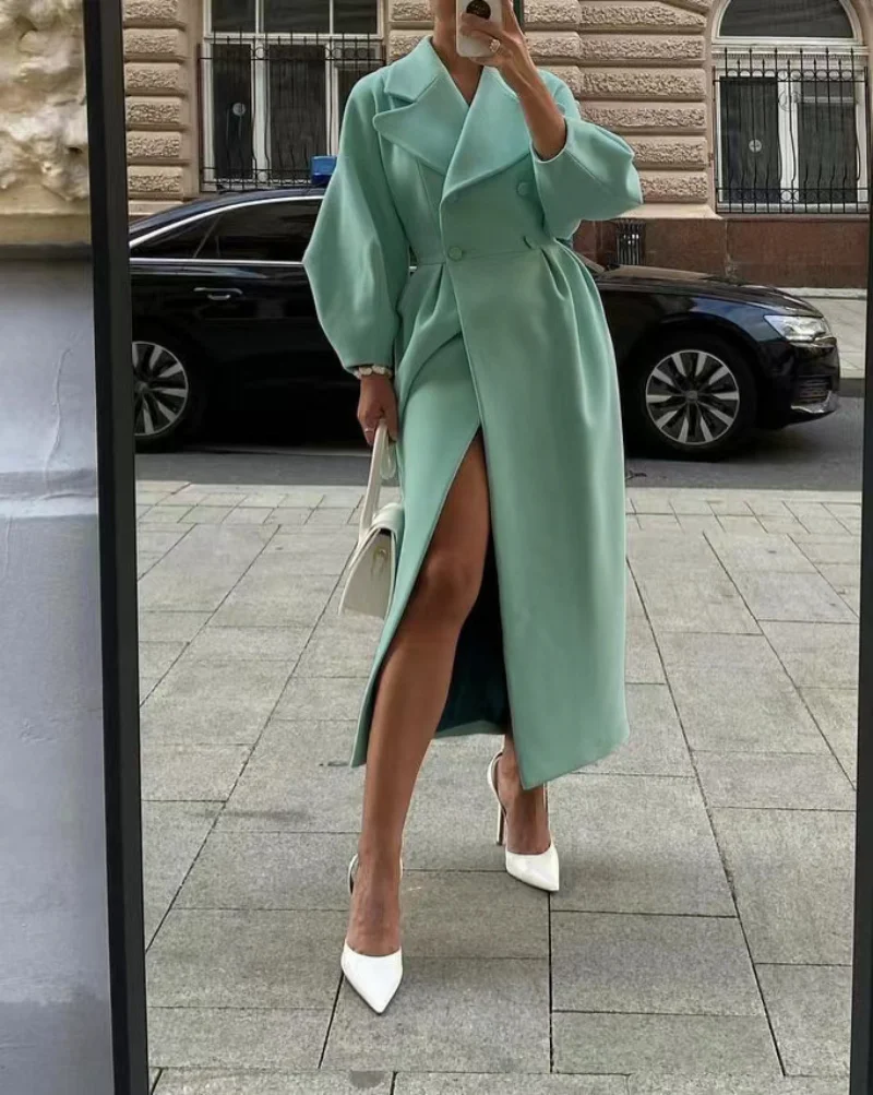 Herbst Laterne Ärmel Frauen Woll mantel Revers Zweireiher Büro Dame lange Jacken Wind jacke dicke Streetwear weibliche Mäntel