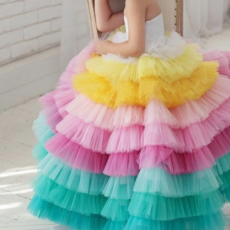 Baby Girl Princess Rainbow Layered Tutu Dress Infant Toddler Tulle Patchwork Vestido Evening Party Pageant Birthday  1-12Y