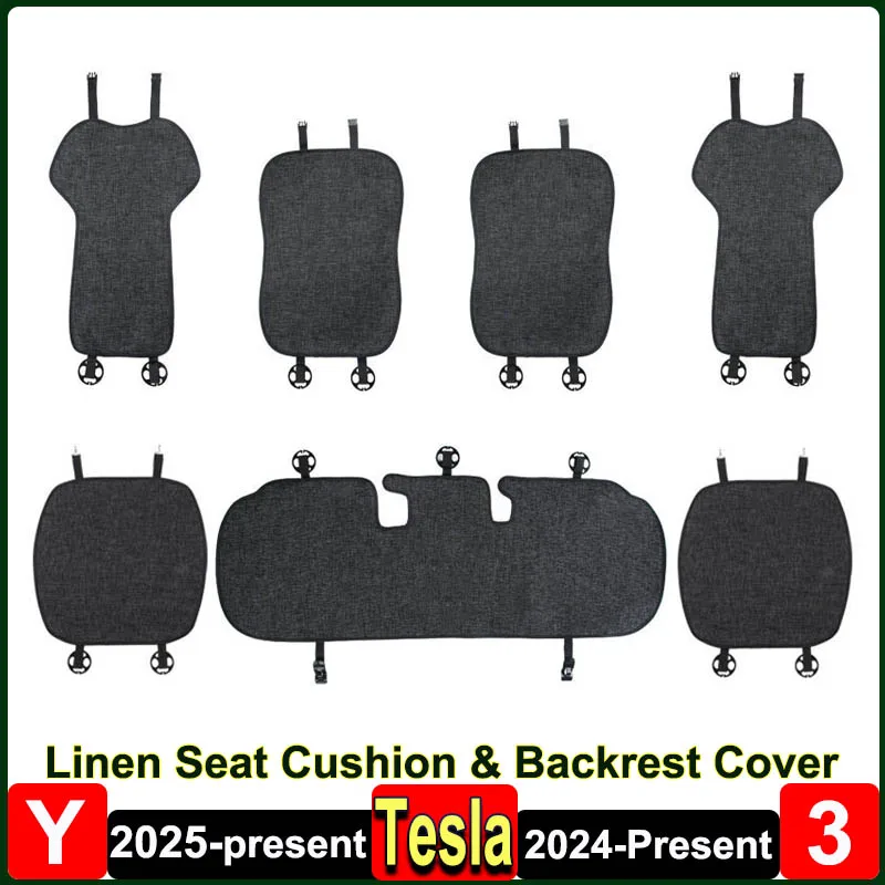 for Tesla Model Y Juniper 2025 Breathable Linen Seat Cushion Backrest Protector Cover Model 3 Highland Summer Winter Accessories