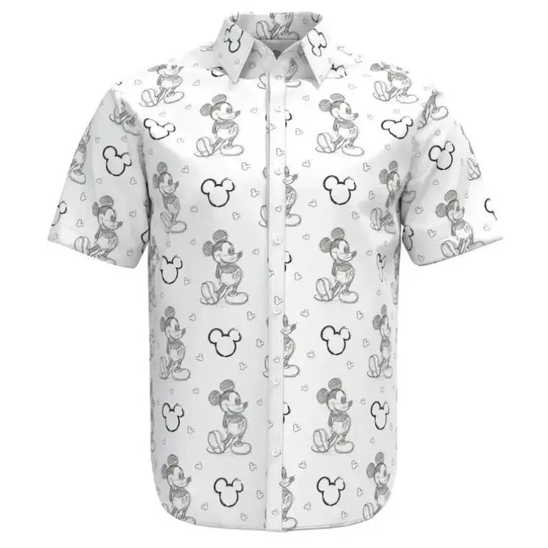 2024 New Disney Hawaiian Shirt Fashion Mickey Mouse Sketch Doodle Disneyland Short Sleeve Button Casual